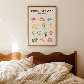 Room Service In Bed Doodle Cute Bedroom Wall Art Print, 4 of 8