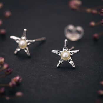 Sterling Silver And Pearl Starfish Stud Earrings, 5 of 9