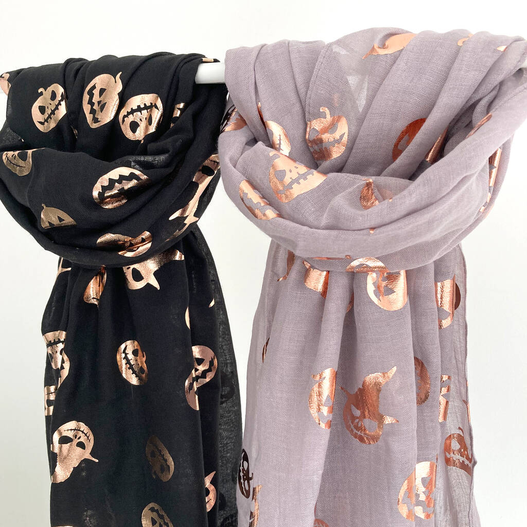 HALLOWEEN SCARF ROSE GOLD FOIL EMBOSSED PUMPKIN FACES MIDNIGHT BLUE  100% COTTON 