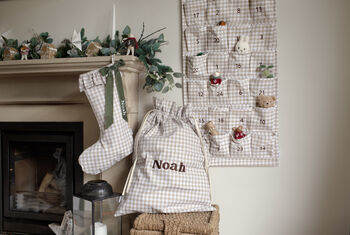 Personalised Beige Gingham Stocking Velvet Bow, 4 of 6
