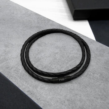 Men's Personalised Special Date Slim Woven Leather Black Clasp Bracelet, 4 of 7