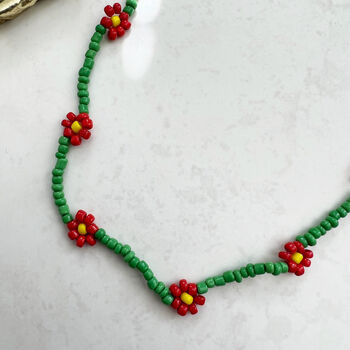 Green Red Colourful Seed Bead Flower Choker Necklace, 3 of 7