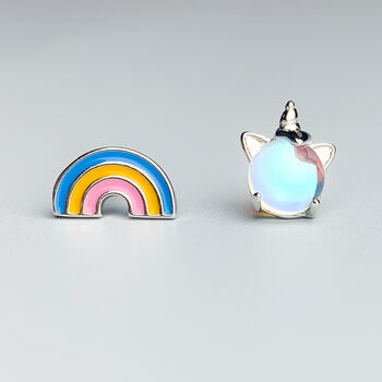 Sterling Silver Unicorn And Rainbow Stud Earrings, 2 of 5