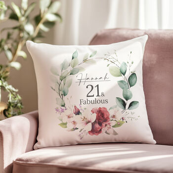 '21 And Fabulous' Personalised Birthday Cushion With Birth Flowers, 2 of 7