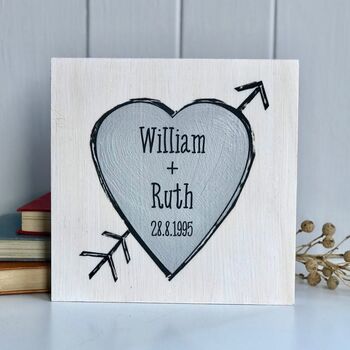 Gold / Silver Heart With Names And Date Printed On Wood, 2 of 9