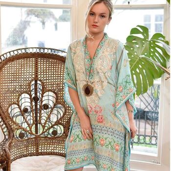 Floral Rose Border Viscose Kaftan In Turquoise With Heavy Cream Fishbone Embroidery, 2 of 7