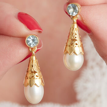 Blue Topaz And Pearl Gold Plated Stud Drop Earrings, 5 of 8