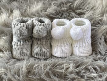 Grey Knitted Baby Booties With Pom Pom, 2 of 8