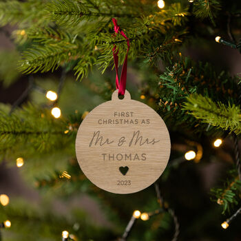 Personalised Wooden Christmas Bauble For Newlyweds, 2 of 5