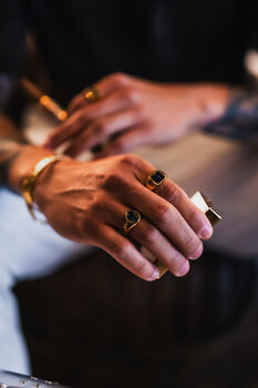 Men's Gold White Line Onyx Square Gemstone Signet Ring, 7 of 12