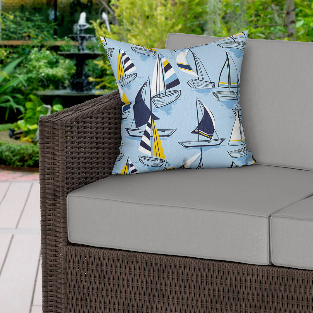 Blue Nautical Boats Water Resistant Outdoor Cushion By MBT Studio