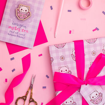 Gingham Teacup Cat Wrapping Paper With Tags, 6 of 7