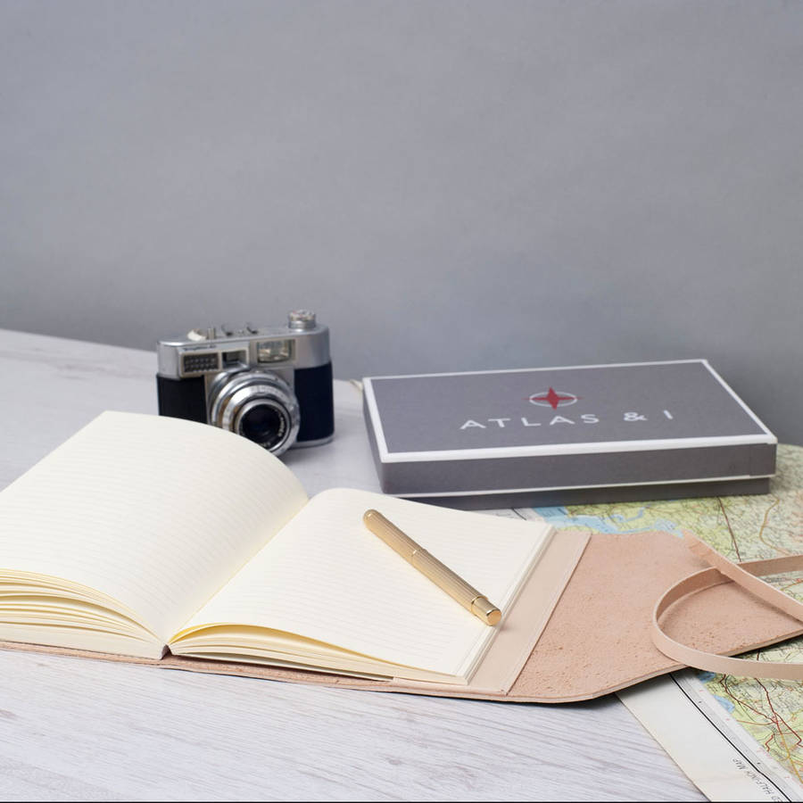personalised refillable leather travel journal by atlas & i