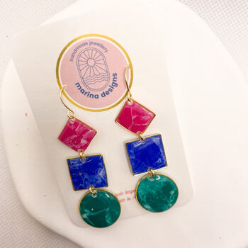 Pink, Blue And Green Geometric Statement Earrings, 4 of 9