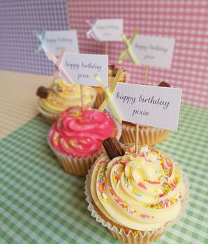 Set Of 10 Personalised Birthday Rainbow Cupcake Toppers, 5 of 5