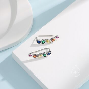 Rainbow Droplet Cz Crawler Earrings Sterling Silver, 5 of 11