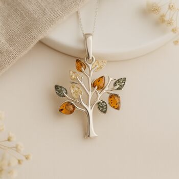 Personalised Sterling Silver Tree Of Life Pendant With Amber, 2 of 10