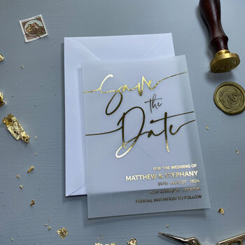 Gold Foil Vellum Save The Date Wedding Invitations, 5 of 6