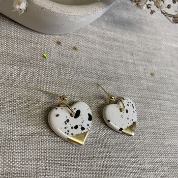Black And White Ceramic Heart Earrings 22k Gold Lustre, 3 of 7