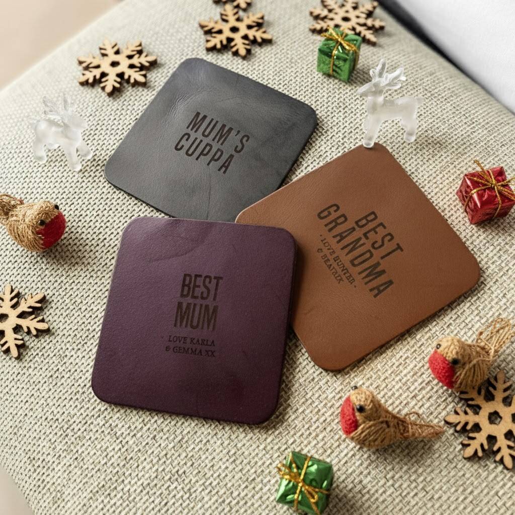 Personalised Vintage Leather Coaster Set Christmas Gift For Her, 1 of 9