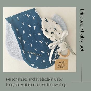 Dinosaur New Baby Gift Set, Personalised Blue Bib Set, 2 of 12