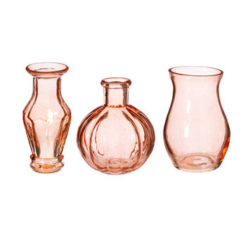 Set Of Three Coral Pink Glass Retro Vases, 4 of 4