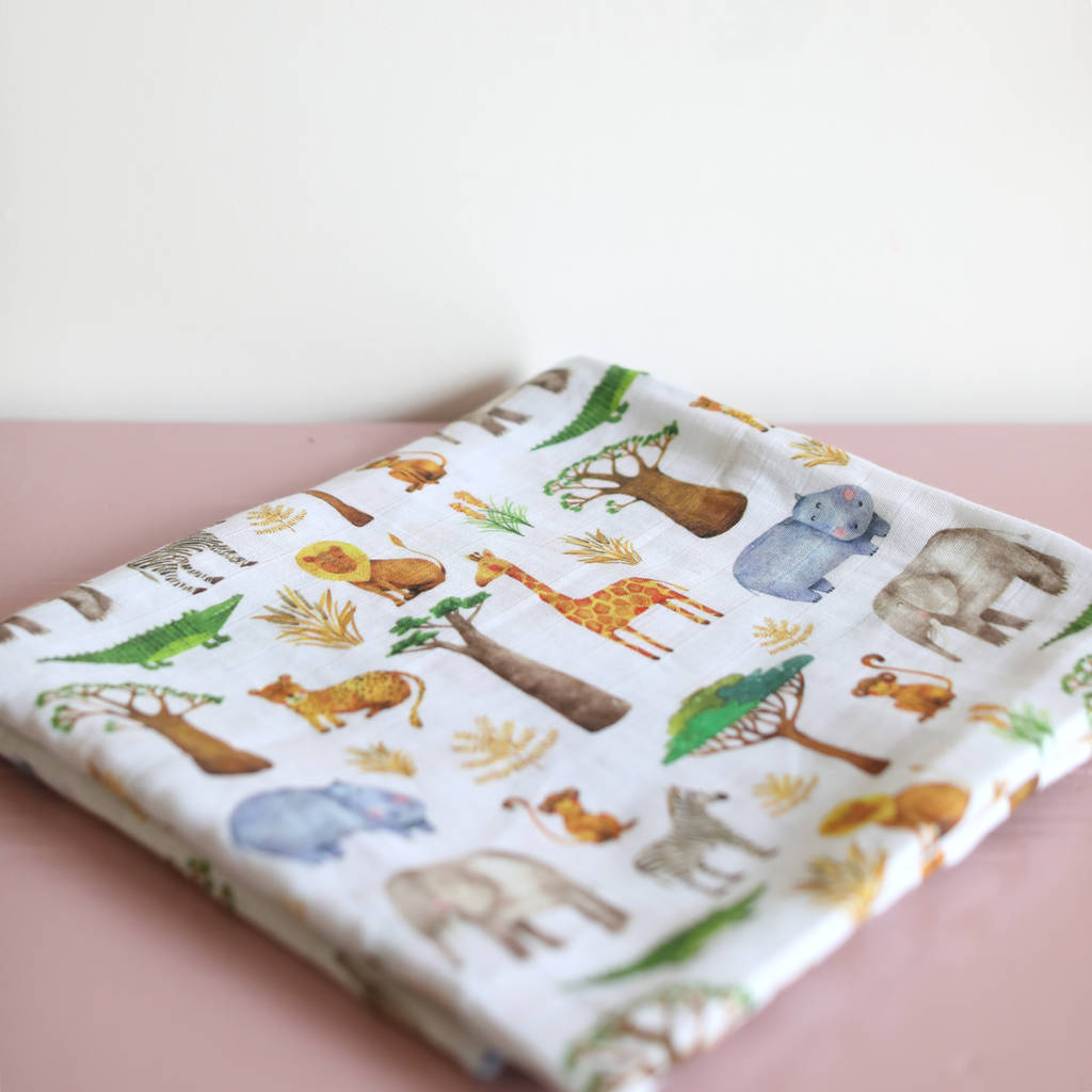 Muslin Swaddle Blanket African Safari By The Fox in the Attic