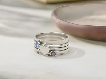 Sterling Silver Amethyst And Rainbow Moonstone Worry Ring – Wide Hammered Spinner Band, 4 of 4