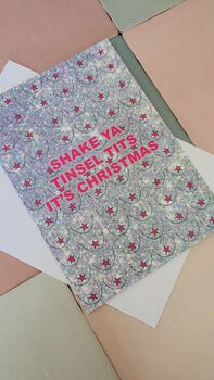 Shake Ya Tinsel Tits Christmas Card – Pink And Silver Glittery A5 – Blank Inside, 5 of 5
