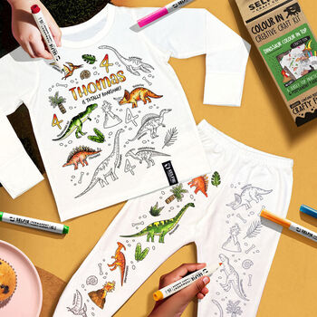 Personalised Dinosaur Colour In Pyjamas With Pens, 2 of 11