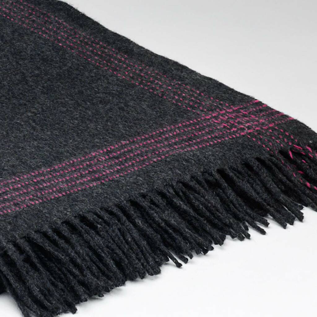 charcoal cashmere mix throw with pink edge detail by tolly mcrae
