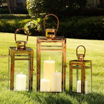 Set Of Three Rose Gold Stainless Candle Holder Lantern, 4 of 6