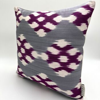 Square Ikat Silk Cushion Grey And Purple Weave, 7 of 7