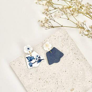 Blue And White Floral Handmace Statement Earrings, 2 of 5