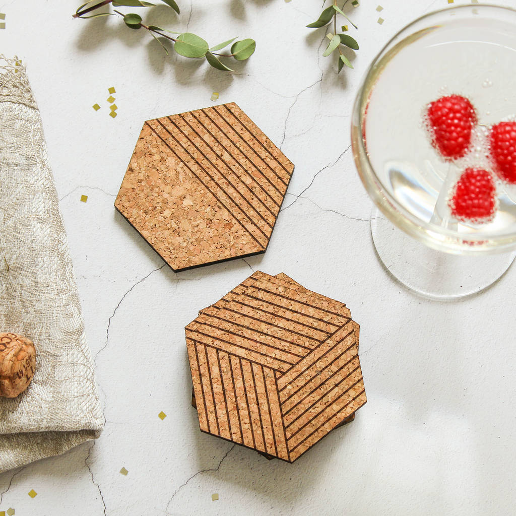 Cork Coasters Set Of Four, Cork Hexagons By Rocket and Fox