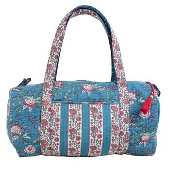 Block Printed Inky Blue And Pink Floral Stripe Quilted Duffle Bag, 7 of 7