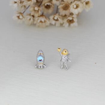 Mismatched Astronaut And Rocket Stud Earrings In Sterling Silver, 6 of 12