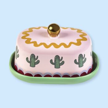 Pink And Green Cactus Design Butter Dish, 2 of 3