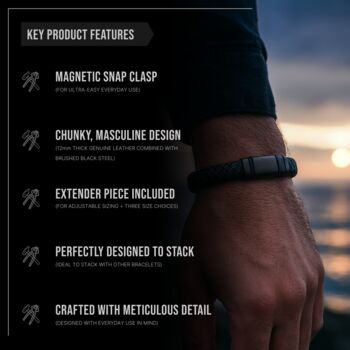 Men's Adjustable Black Leather Bracelet | Genuine Thick 12mm Woven Leather With Black Snap Clasp, 5 of 5