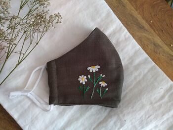 Hand Embroidered Daisy On Olive Face Mask, 2 of 5