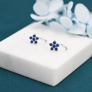 Tiny Sapphire Blue Forget Me Not Flower Cz Hoop Earrings, 2 of 11