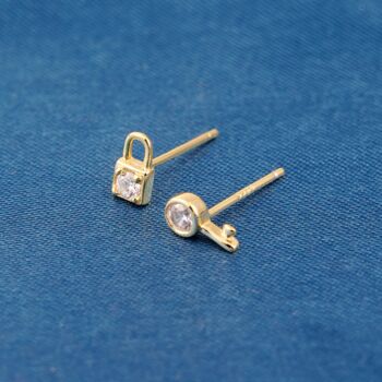 Small Padlock And Key Cz Stone Stud Earrings, Gold, 4 of 8