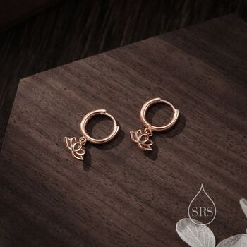 Sterling Silver Little Lotus Flower Huggie Hoops, 6 of 10