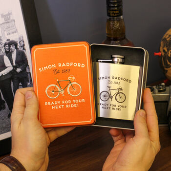 Personalised Retro Bike Hip Flask Tin With Matching Tin, 2 of 5