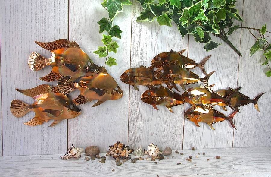 copper fish trio garden wall art sculpture by london garden trading