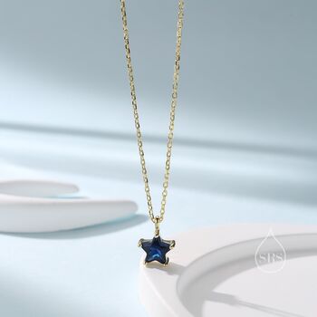 Sterling Silver Sapphire Blue Cz Star Pendant Necklace, 2 of 11