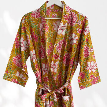 Yellow Floral Print Cotton Dressing Gown Kimono, 7 of 7