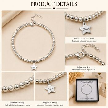 Personalise Silver Bead Star Charm Bracelet Engraved Name, 5 of 8