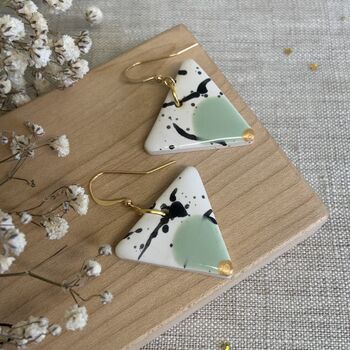 Mint Green Triangle Ceramic Dangle Earrings Gold Plated, 7 of 8