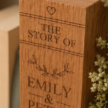 Personalised Solid Oak Wedding Bookends | Custom Engraved, 5 of 7